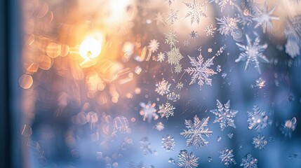 Canvas Print - Blurred frosted window with softened snowflakes and wintry landscape for wallpaper