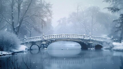 Canvas Print - Blurred snowy bridge with softened arches and river under misty sky backdrop