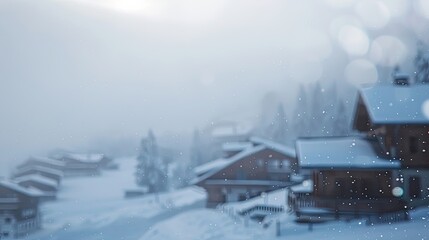 Sticker - Blurred mountain resort with softened chalets and ski slope for winter backdrop