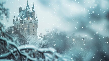 Wall Mural - Blurred castle with softened snowy turrets and frosted walls for winter backdrop