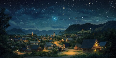 Canvas Print - starry night over a quiet village