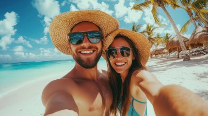 Happy couple taking a selfie on a tropical beach.