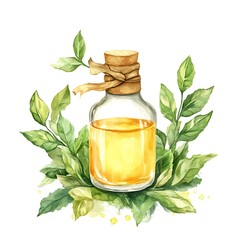 Wall Mural - Watercolor Illustration of Essential Oil in a Glass Bottle with Green Leaves.