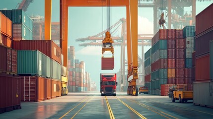 Container crane lifts a shipping container in a busy port.