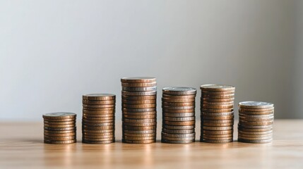 Wall Mural - Coins stacked in a row on a wooden table, showing growth and savings.