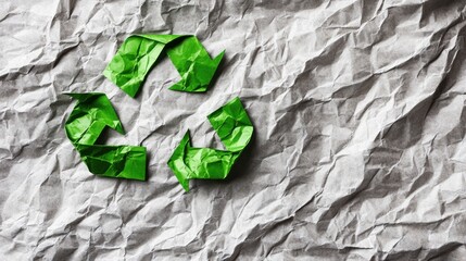 Green recycle symbol on crumpled paper background.