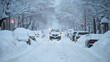 © kanesuan - A snowstorm paralyzing a city, with streets and vehicles buried under several feet of snow, showcasing the impact of extreme winter weather on urban life.