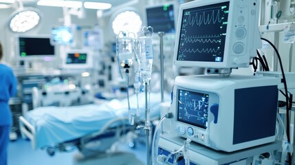 Advanced medical equipment being set up in a hospital room by professionals preparing for surgery