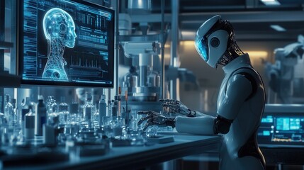 A futuristic AI robot assisting a scientist in a high-tech lab, with holographic screens and advanced equipment