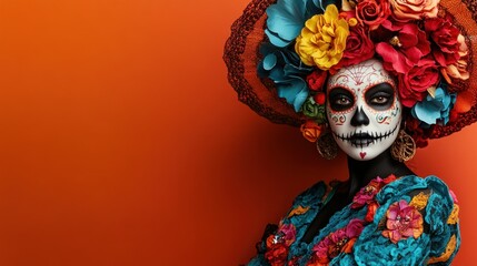 Woman with sugar skull makeup and floral headdress against orange background.