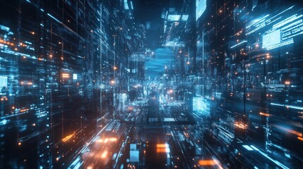 Poster - Abstract digital city skyline with glowing lines and data streams.