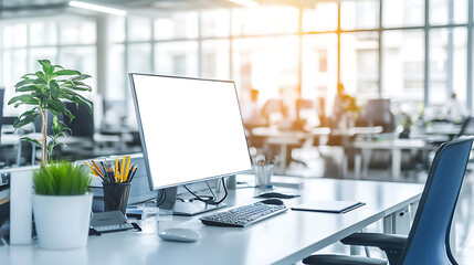 Wall Mural - elegant computer screen mockup in a contemporary office - transparent png banner perfect for digital