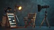 © B 7 YOU - Film set with a director's chair, lights, a camera, and a clapper board on a dark background.