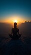 © Buzz Media - Woman Meditating on Mountaintop at Sunrise. Serene Mountain Mediation. Tranquility Mindfulness Horizon Background.