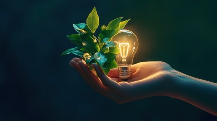 Wall Mural - hand light bulb leaves. generative ai