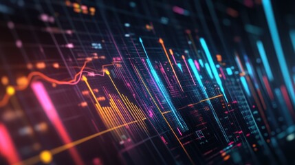 Poster - abstract digital graph with glowing lines in vibrant colors on dark background.