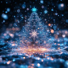 Wall Mural - Christmas tree with floating holographic snowflake decorations, surrounded by AIgenerated particles, glowing with cool blue and silver hues, abstract and futuristic