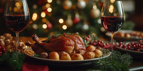 Mouthwatering roasted turkey is surrounded by festive side dishes and drinks, creating a warm and inviting atmosphere for a christmas celebration