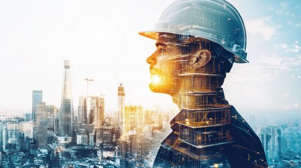 A construction worker in a hard hat with a cityscape superimposed over his face, looking out at the skyline.