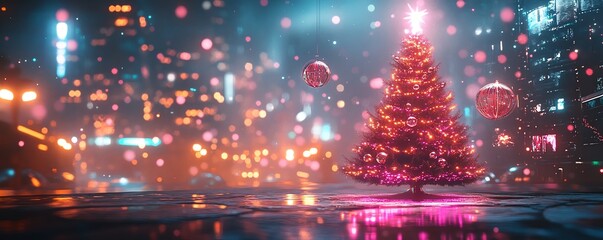 Wall Mural - Cyberpunk Christmas tree, neon lights, floating holographic decorations, futuristic holiday scene