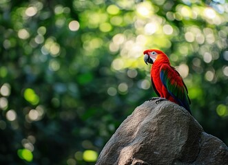 Wall Mural - A Vibrant Scarlet Macaw Perched on a Stone