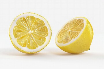 A bright yellow lemon with a textured skin, cut in half to reveal the fresh, juicy interior, symbolizing zest and vitality. isolated on white background. 