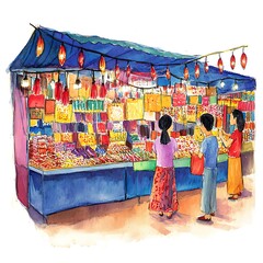 Canvas Print - Watercolor Illustration of People Shopping at a Colorful Market Stall.