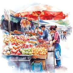 Canvas Print - Watercolor Painting of a Busy Market Stall.