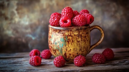 Wall Mural - Raspberries in mug, wood. Generative AI