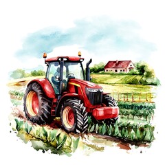 Red Tractor in a Watercolor Landscape.