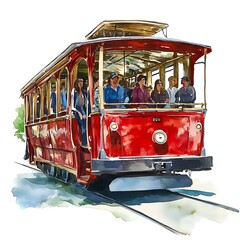 Wall Mural - Watercolor Painting of a Vintage Red Trolley Car with Passengers.