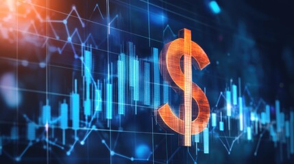 Wall Mural - close up of a glowing orange dollar sign over blue charts and graphs.