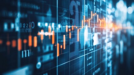 Wall Mural - a close-up shot of a stock exchange screen with the ticker tape showing a blue and orange color sche
