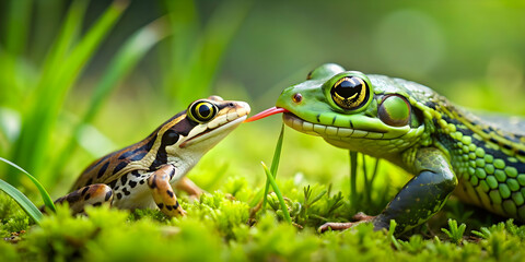 Snake hunting frog in the grass, predator, prey, reptile, amphibian, wildlife, nature, camouflage, danger, strike, chase