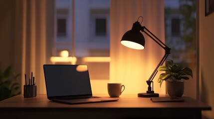 A cozy home office setup with warm lighting, a desk lamp, and a cup of tea next to the laptop