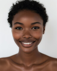 Portrait of smiling woman model posing in profile, close up of beautiful female, with healthy skin