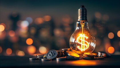 Wall Mural - Illuminated light bulb with glowing dollar sign filament symbolizing innovative financial ideas and investment strategies against an urban graffiti backdrop