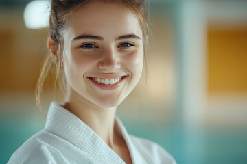 Joyful european girl during judo or karate training session smiling at the camera