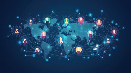 Poster - global network connection with a world map, lines and glowing circles with human icons.