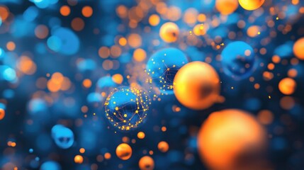 Wall Mural - Abstract blue and orange spheres with glowing yellow dots connected by lines on a dark background.