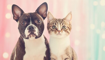 Dog and Cat Sitting Together with Friendly Expression