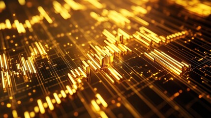 Poster - abstract glowing lines and grid pattern in warm gold hues, creating a futuristic digital background.
