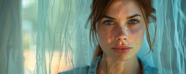 Wall Mural - Mysterious woman behind sheer curtains with sunlight casting shadows on her face. Free copy space for banner.