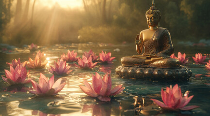 Wall Mural - golden Buddha statue surrounded by pink and white water lilies