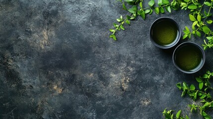 Two cups of green tea on a dark stone background with green leaves.