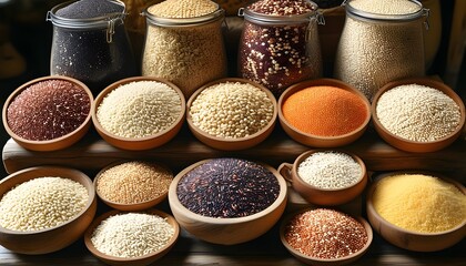 Wall Mural - Vibrant farmers market stall showcasing an array of whole grains, featuring quinoa and brown rice, celebrating the diversity of grain options and healthy eating choices.