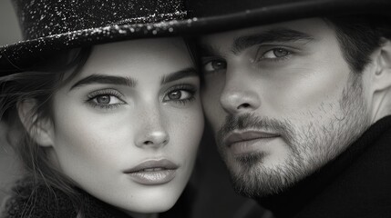 Close-up portrait of a couple in black and white photography.