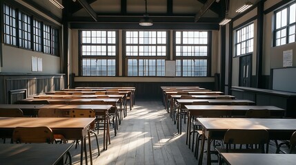 Empty Modern Classroom In the School Interior, Back to School Concept Book, Chair, table 3D Render.