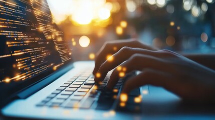 Poster - closeup of hands typing on a laptop keyboard, with a blurry background of lights.