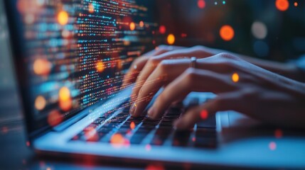 Hands typing on a laptop with colorful code and bokeh lights reflecting on the keyboard.